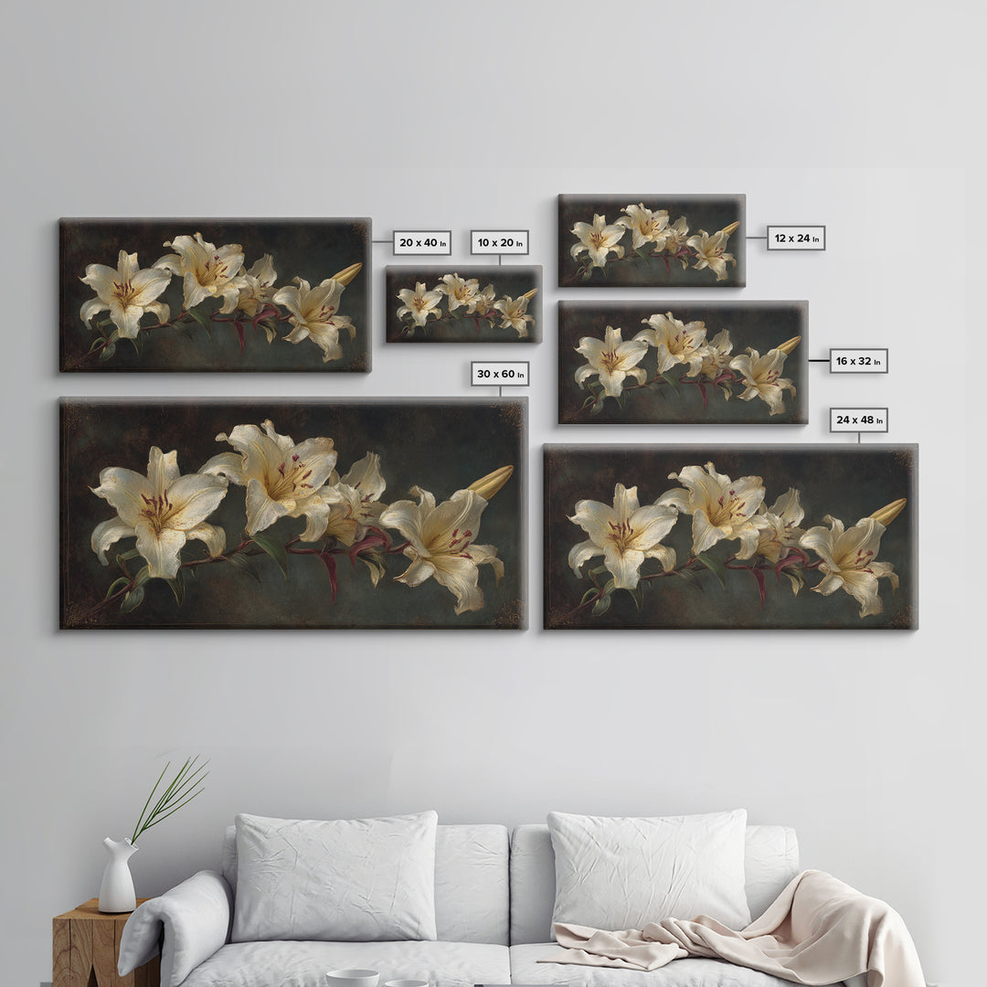 White Lilies on Dark Background Framed Canvas Print, Traditional Art, Custom Art, Living Room Decor, Fine Art, Classic, TRA-2x1-11