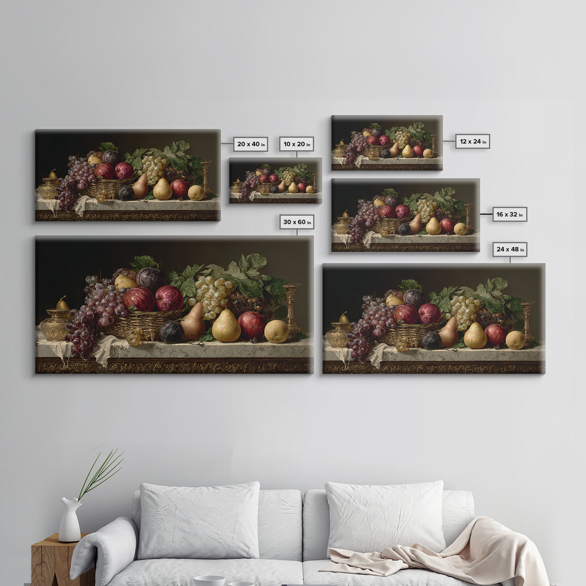 Basket of Apples and Pears on Linen Framed Canvas Print, Traditional Art, Luxury Decor, Living Room Decor, Abstract Art, TRA-2x1-14