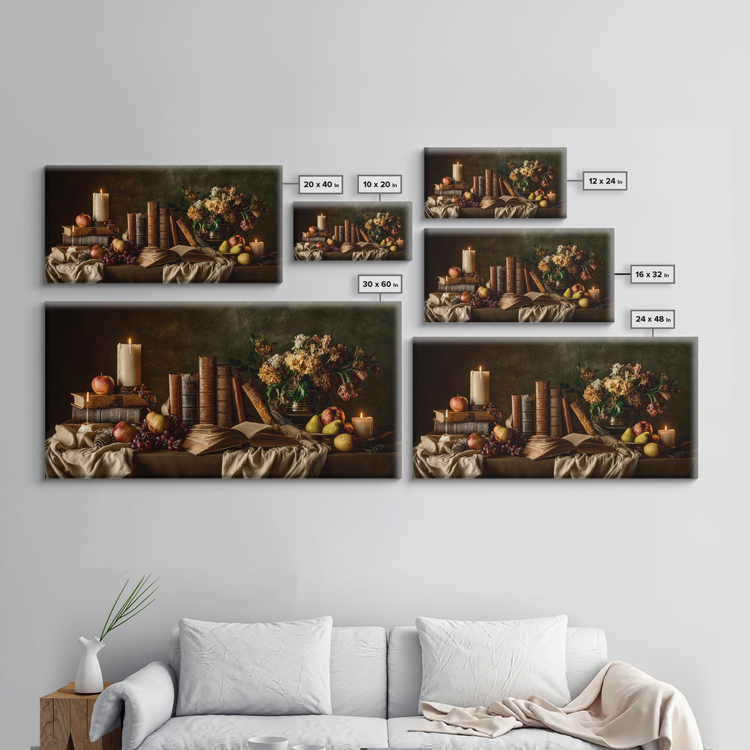Still Life of Books Candle and Fruit Framed Canvas Print, Traditional Art, Fine Art Print, Living Room Decor, Fine Art, Classic, TRA-2x1-16