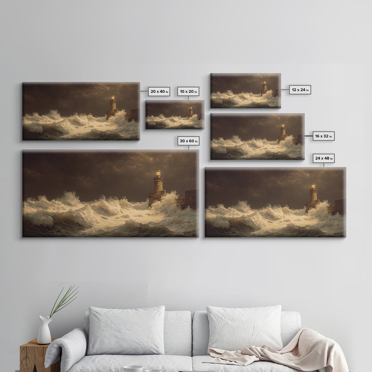 Lighthouse with Crashing Waves Canvas Print, Traditional Art, Decor, Living Room Decor, Fine Art, Classic, Japanese Art, TRA-2x1-17