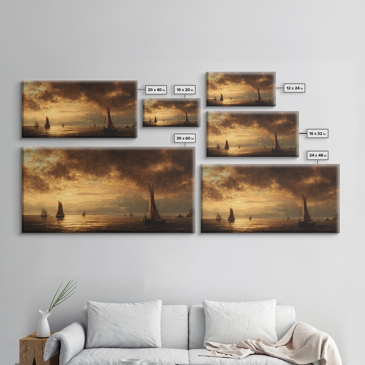 Seascape with Sailboats and Cloudy Sky Framed Canvas Print, Traditional Art, Digital Art, Living Room Decor, Fine Art, Classic, TRA-2x1-25