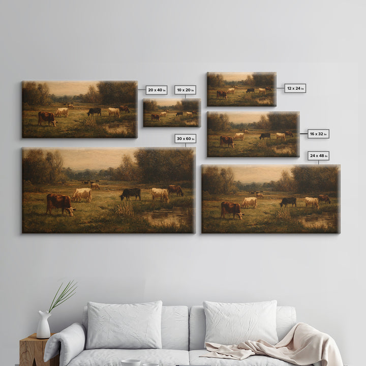 Pastoral Countryside with Cows in Field Framed Canvas Print, Traditional Art, Boho Decor, Living Room Decor, Oil Painting, TRA-2x1-27
