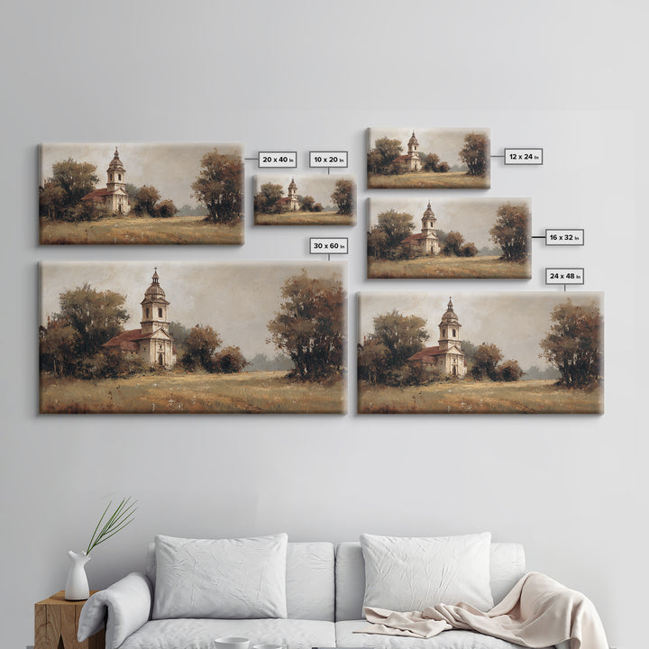 Church Steeple Across Rural Meadow Framed Canvas Print, Traditional Art, Wall Decor, Living Room Decor, Fine Art, Classic, TRA-2x1-33
