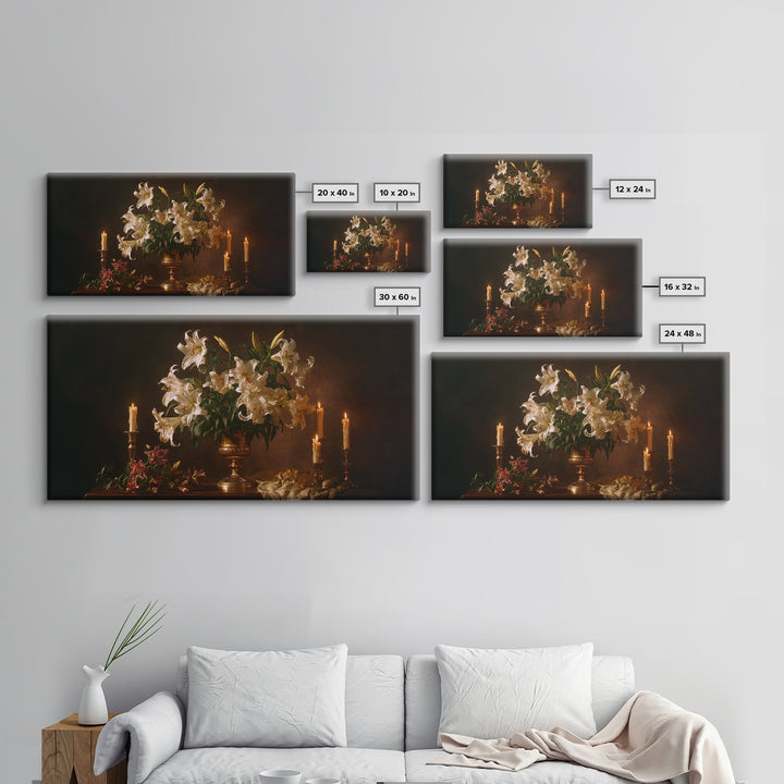 White Lilies on Dark Background Framed Canvas Print, Traditional Art, Wall Art, Living Room Decor, Oil Painting, Classic, TRA-2x1-35