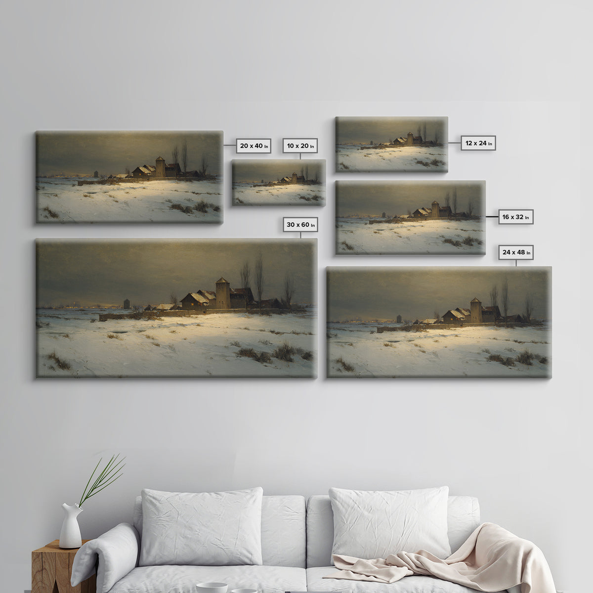 Snowy Village Landscape at Twilight Canvas Print, Traditional Art, Art Print, Living Room Decor, Fine Art, Classic, Custom Art, TRA-2x1-39