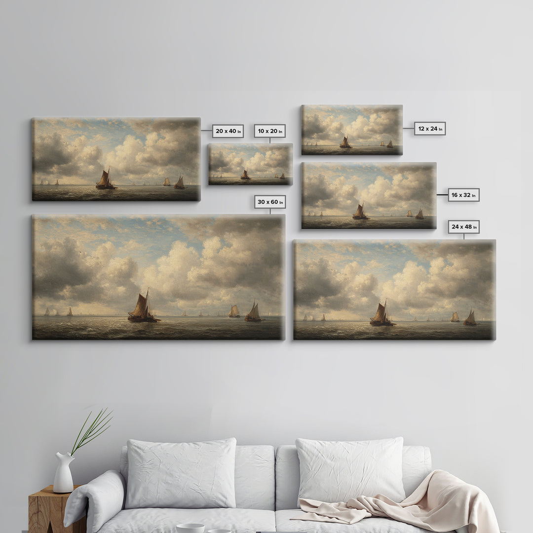 Seascape with Sailboats and Cloudy Sky Canvas Print, Traditional Art, Original Art, Living Room Decor, Fine Art, Classic, TRA-2x1-49