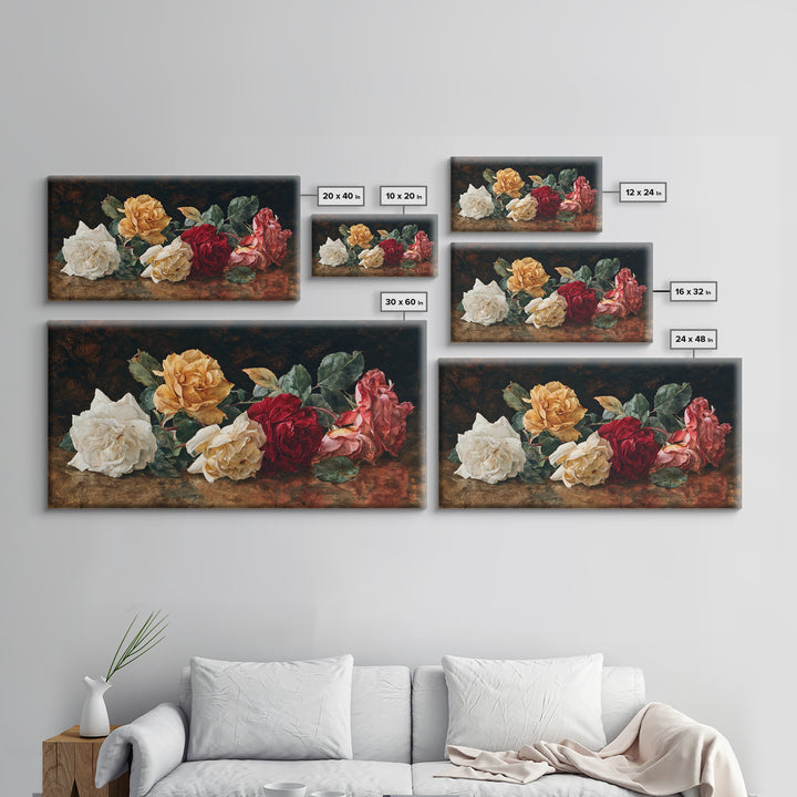 Botanical Watercolor Study of Roses Framed Canvas Print, Traditional Art, Art, Living Room Decor, Oil Painting, Classic, TRA-2x1-50