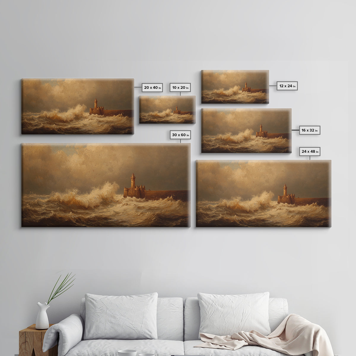 Lighthouse with Crashing Waves Framed Canvas Print, Traditional Art, Wall Hanging, Living Room Decor, Abstract Art, Classic, TRA-2x1-65