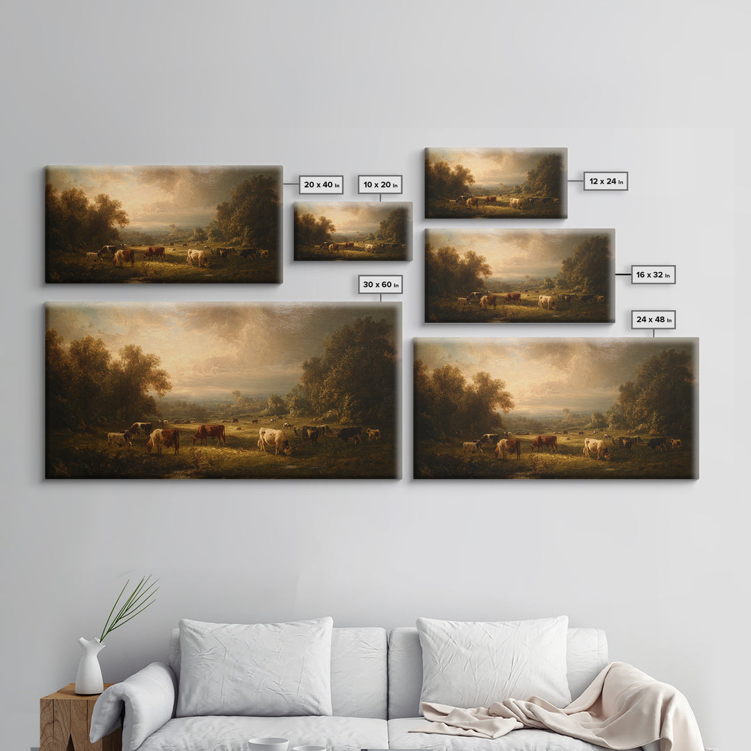 Pastoral Countryside with Cows in Field Framed Canvas Print, Traditional Art, Room Decor, Living Room Decor, Fine Art, Classic, TRA-2x1-75