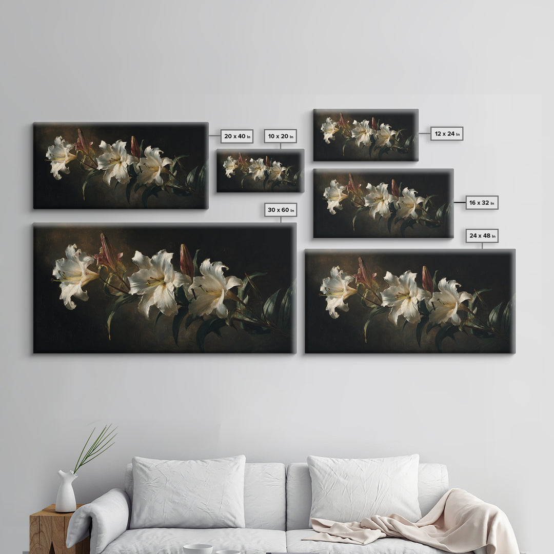 White Lilies on Dark Background Framed Canvas Print, Traditional Art, Art, Living Room Decor, Fine Art, Classic, Printable Art, TRA-2x1-83
