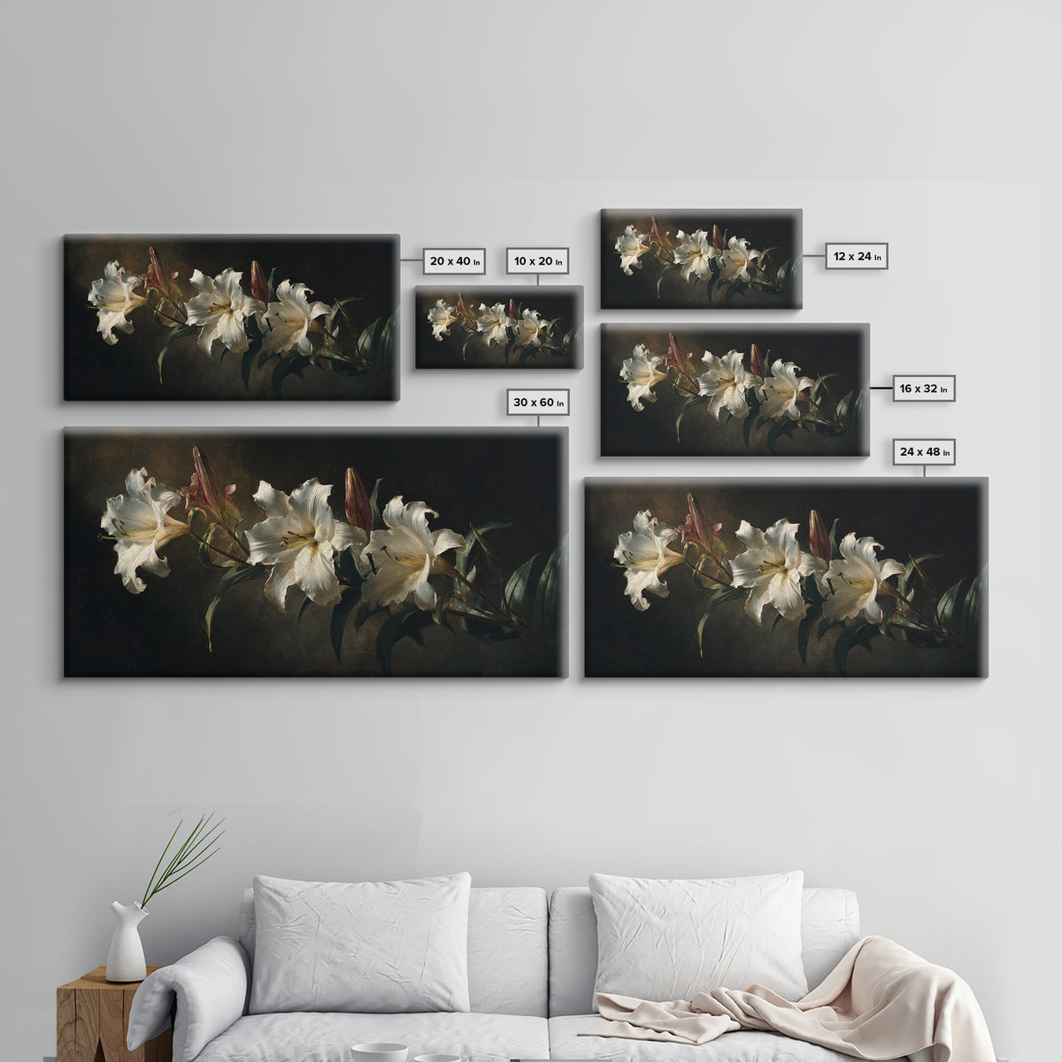 White Lilies on Dark Background Framed Canvas Print, Traditional Art, Art, Living Room Decor, Fine Art, Classic, Printable Art, TRA-2x1-83