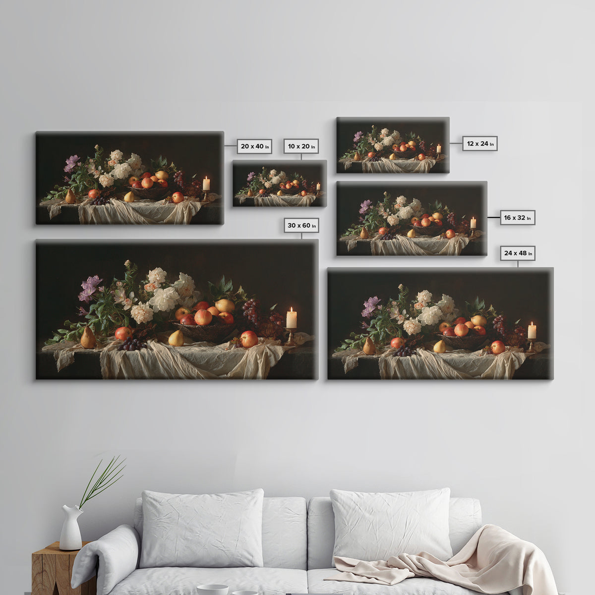 Basket of Apples and Pears on Linen Framed Canvas Print, Traditional Art, Decor, Living Room Decor, Abstract Art, Classic, TRA-2x1-86