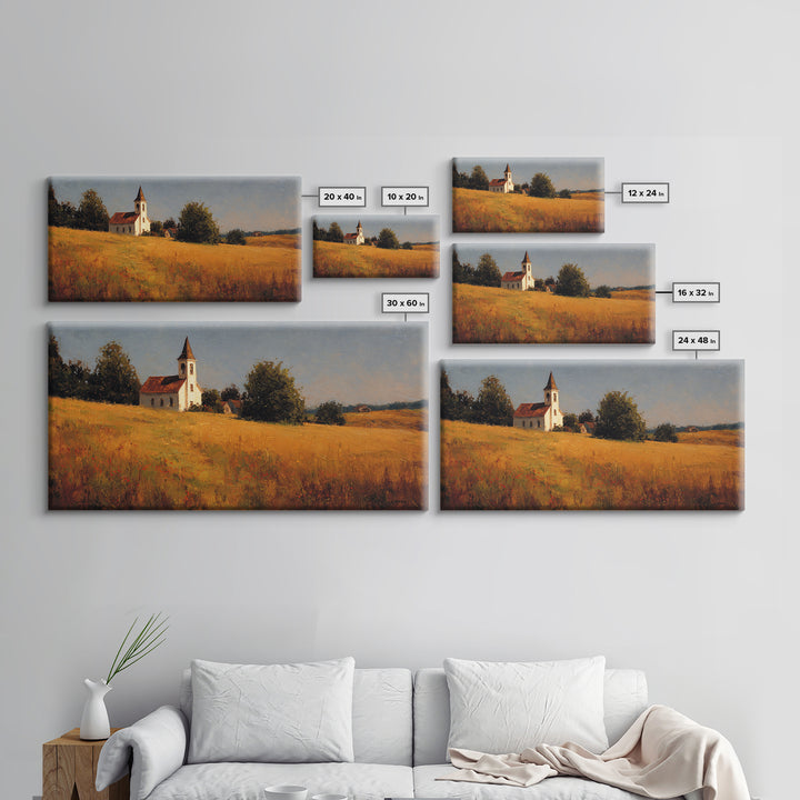 Church Steeple Across Rural Meadow Framed Canvas Print, Traditional Art, Wall Decor, Living Room Decor, Fine Art, Classic, TRA-2x1-9