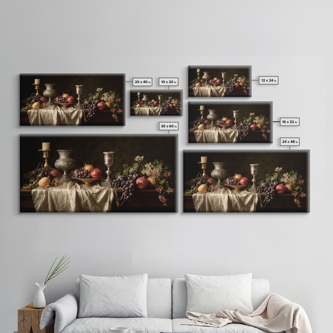 Dutch Fruit and Silver Goblet Still Life Framed Canvas Print, Traditional Art, Furry Art, Living Room Decor, Oil Painting, TRA-2x1-96