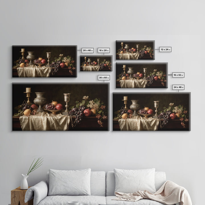 Dutch Fruit and Silver Goblet Still Life Framed Canvas Print, Traditional Art, Furry Art, Living Room Decor, Oil Painting, TRA-2x1-96