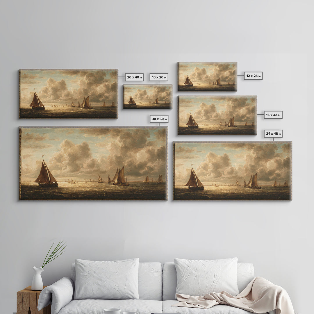 Seascape with Sailboats and Cloudy Sky Framed Canvas Print, Traditional Art, Canvas Print, Living Room Decor, Fine Art, Classic, TRA-2x1-97