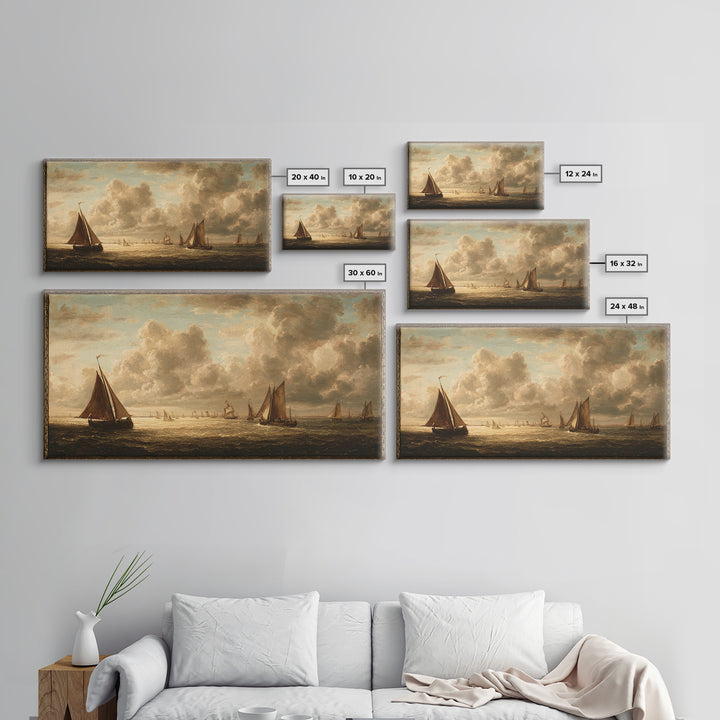 Seascape with Sailboats and Cloudy Sky Framed Canvas Print, Traditional Art, Canvas Print, Living Room Decor, Fine Art, Classic, TRA-2x1-97