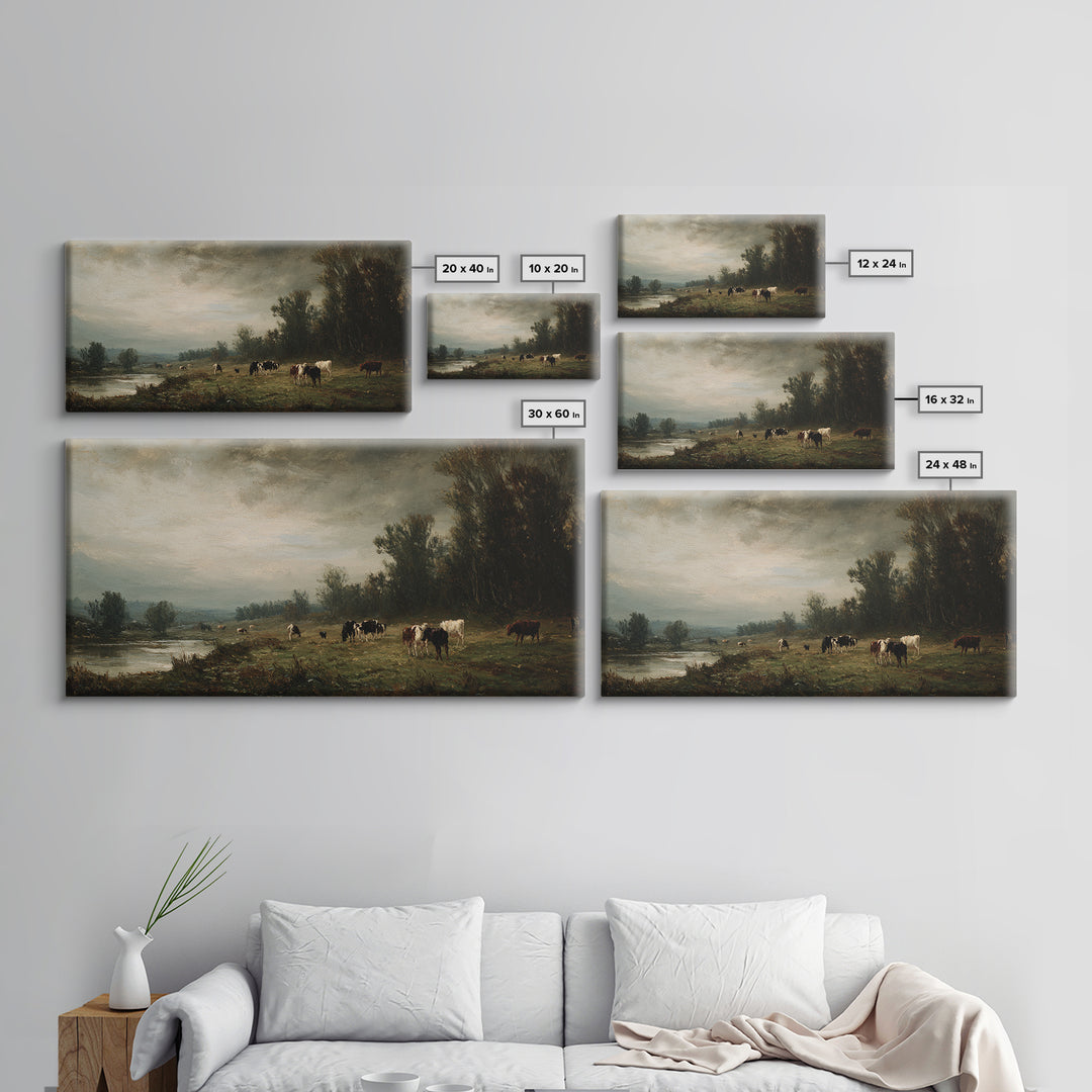 Pastoral Countryside with Cows in Field Framed Canvas Print, Traditional Art, Japanese Art, Living Room Decor, Classic, TRA-2x1-99