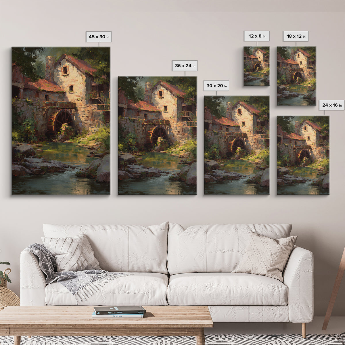 Watermill Beside a Quiet Stream Framed Canvas Print, Traditional Art, Digital Art, Living Room Decor, Fine Art, Classic, TRA-2x3-1