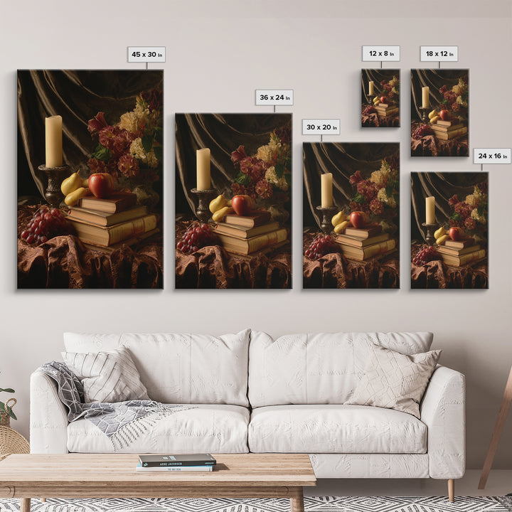 Still Life of Books Candle and Fruit Framed Canvas Print, Traditional Art, Painting, Living Room Decor, Fine Art, Classic, TRA-2x3-100