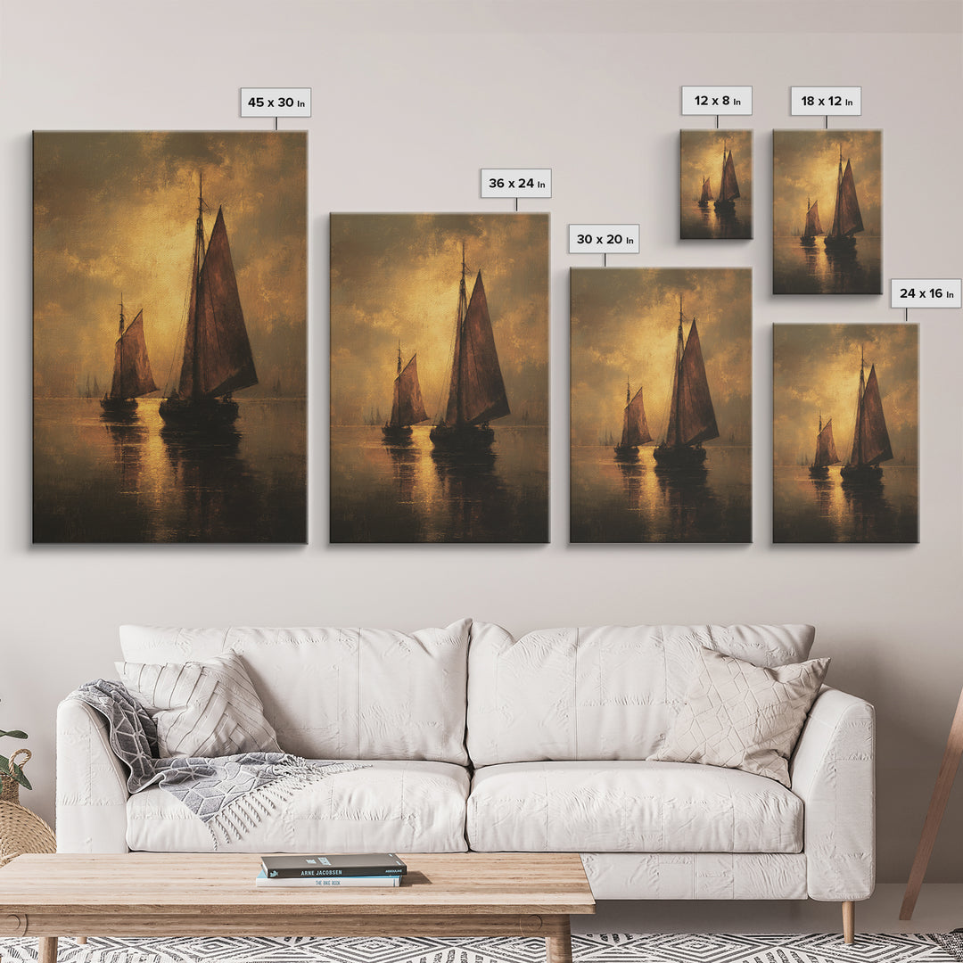 Seascape with Sailboats and Cloudy Sky Framed Canvas Print, Traditional Art, Boho, Living Room Decor, Fine Art, Classic, TRA-2x3-13