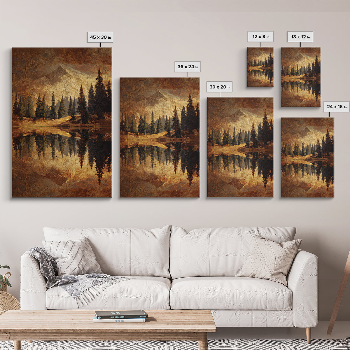 Mountain Lake with Pine Forest Reflection Framed Canvas Print, Traditional Art, Wall Hanging, Living Room Decor, Classic, TRA-2x3-17