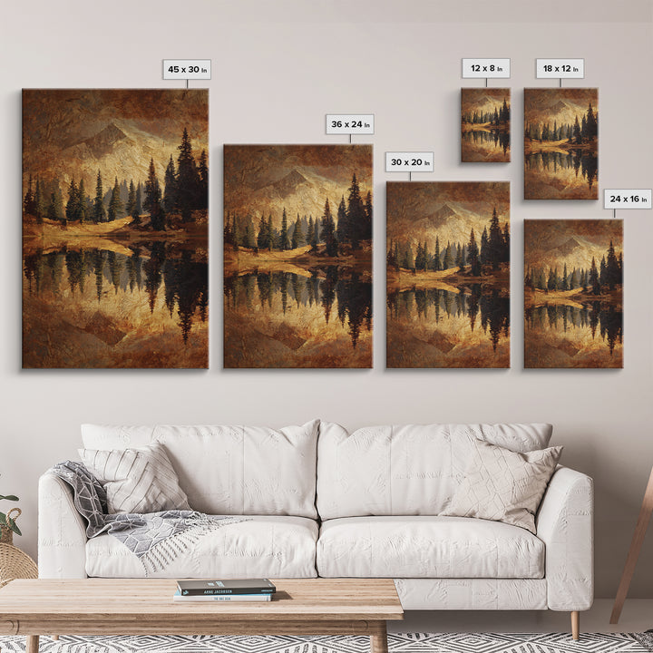 Mountain Lake with Pine Forest Reflection Framed Canvas Print, Traditional Art, Wall Hanging, Living Room Decor, Classic, TRA-2x3-17
