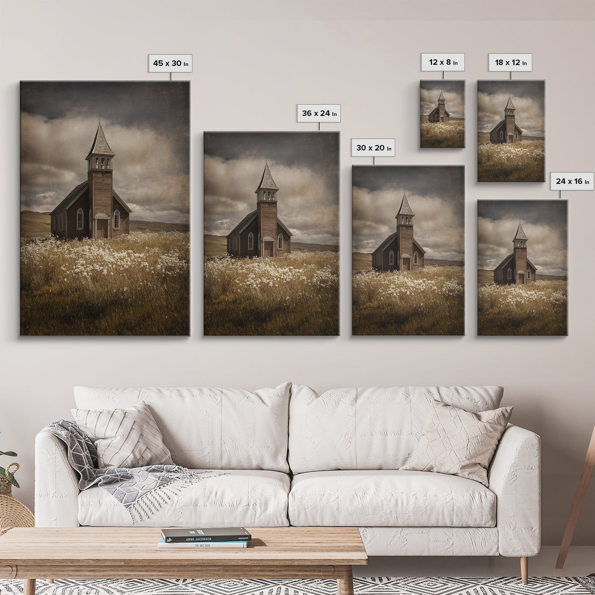 Church Steeple Across Rural Meadow Framed Canvas Print, Traditional Art, Art Print, Living Room Decor, Fine Art, Classic, TRA-2x3-21