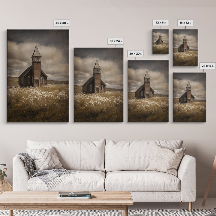 Church Steeple Across Rural Meadow Framed Canvas Print, Traditional Art, Art Print, Living Room Decor, Fine Art, Classic, TRA-2x3-21