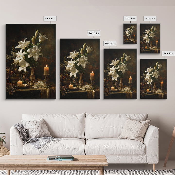 White Lilies on Dark Background Canvas Print, Traditional Art, Decor, Living Room Decor, Fine Art, Classic, Japanese Art, TRA-2x3-23