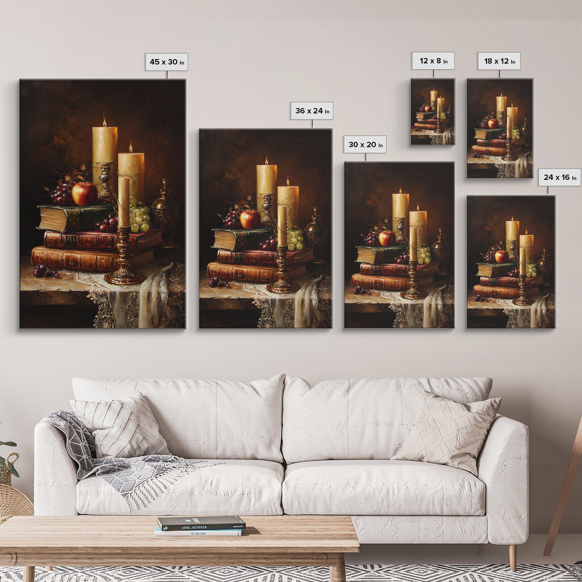 Still Life of Books Candle and Fruit Framed Canvas Print, Traditional Art, Watercolor Art, Living Room Decor, Fine Art, Classic, TRA-2x3-28