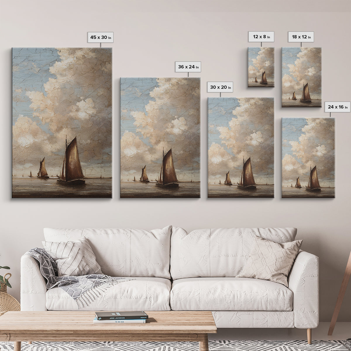 Seascape with Sailboats and Cloudy Sky Framed Canvas Print, Traditional Art, Boho, Living Room Decor, Fine Art, Classic, TRA-2x3-37
