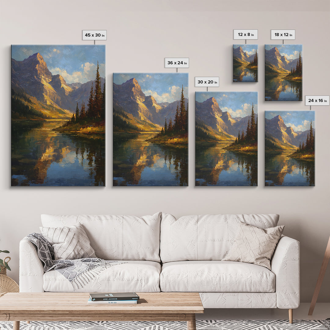 Mountain Lake with Pine Forest Reflection Framed Canvas Print, Traditional Art, Wall Hanging, Living Room Decor, Classic, TRA-2x3-41