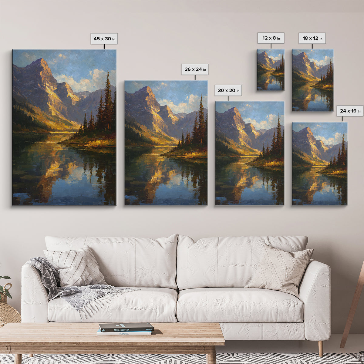 Mountain Lake with Pine Forest Reflection Framed Canvas Print, Traditional Art, Wall Hanging, Living Room Decor, Classic, TRA-2x3-41