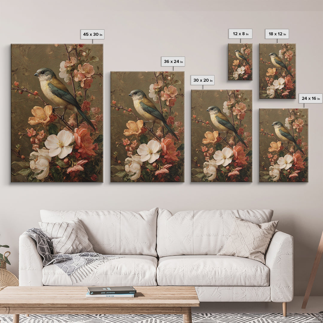 Bird Study on a Flowering Branch Framed Canvas Print, Traditional Art, Home Decor, Living Room Decor, Fine Art, Classic, TRA-2x3-42