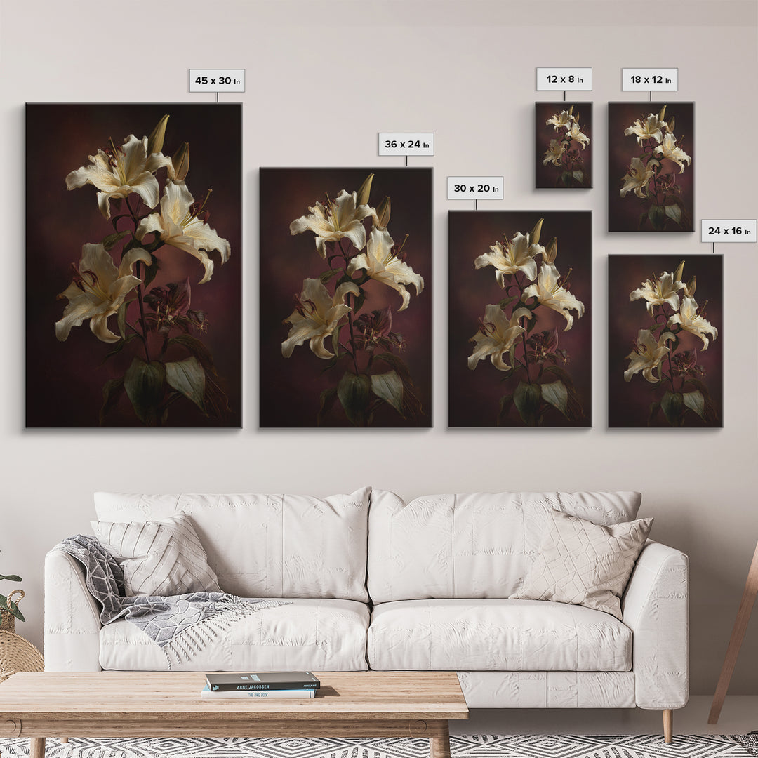 White Lilies on Dark Background Framed Canvas Print, Traditional Art, Wall Hanging, Living Room Decor, Abstract Art, Classic, TRA-2x3-47