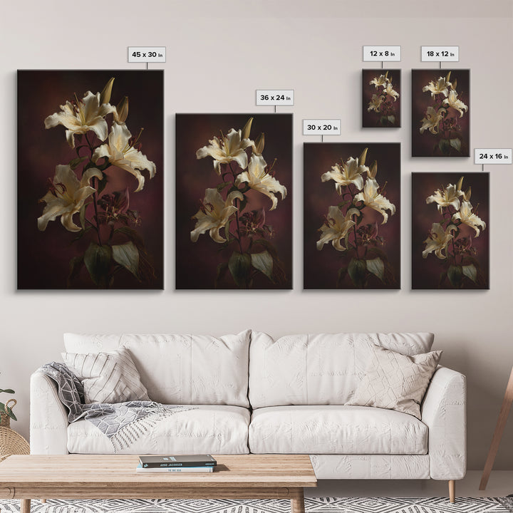 White Lilies on Dark Background Framed Canvas Print, Traditional Art, Wall Hanging, Living Room Decor, Abstract Art, Classic, TRA-2x3-47