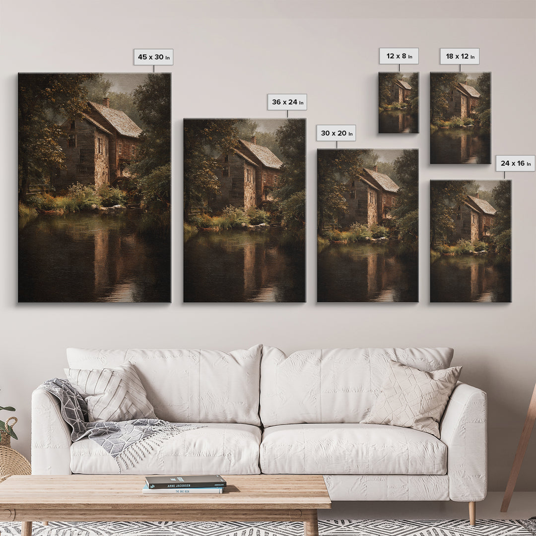 Watermill Beside a Quiet Stream Canvas Print, Traditional Art, Original Art, Living Room Decor, Fine Art, Classic, Landscape, TRA-2x3-49