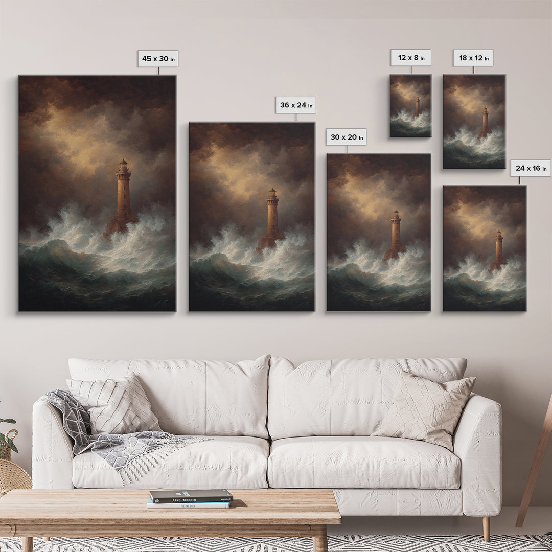 Lighthouse with Crashing Waves Canvas Print, Traditional Art, Canvas, Living Room Decor, Watercolor Art, Classic, Furry Art, TRA-2x3-5