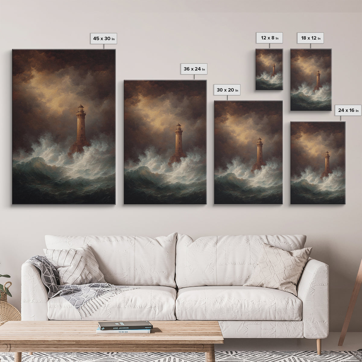 Lighthouse with Crashing Waves Canvas Print, Traditional Art, Canvas, Living Room Decor, Watercolor Art, Classic, Furry Art, TRA-2x3-5