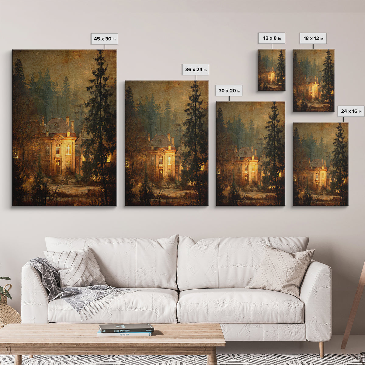 Snowy Village Landscape at Twilight Framed Canvas Print, Traditional Art, Art Print, Living Room Decor, Fine Art, Classic, TRA-2x3-51