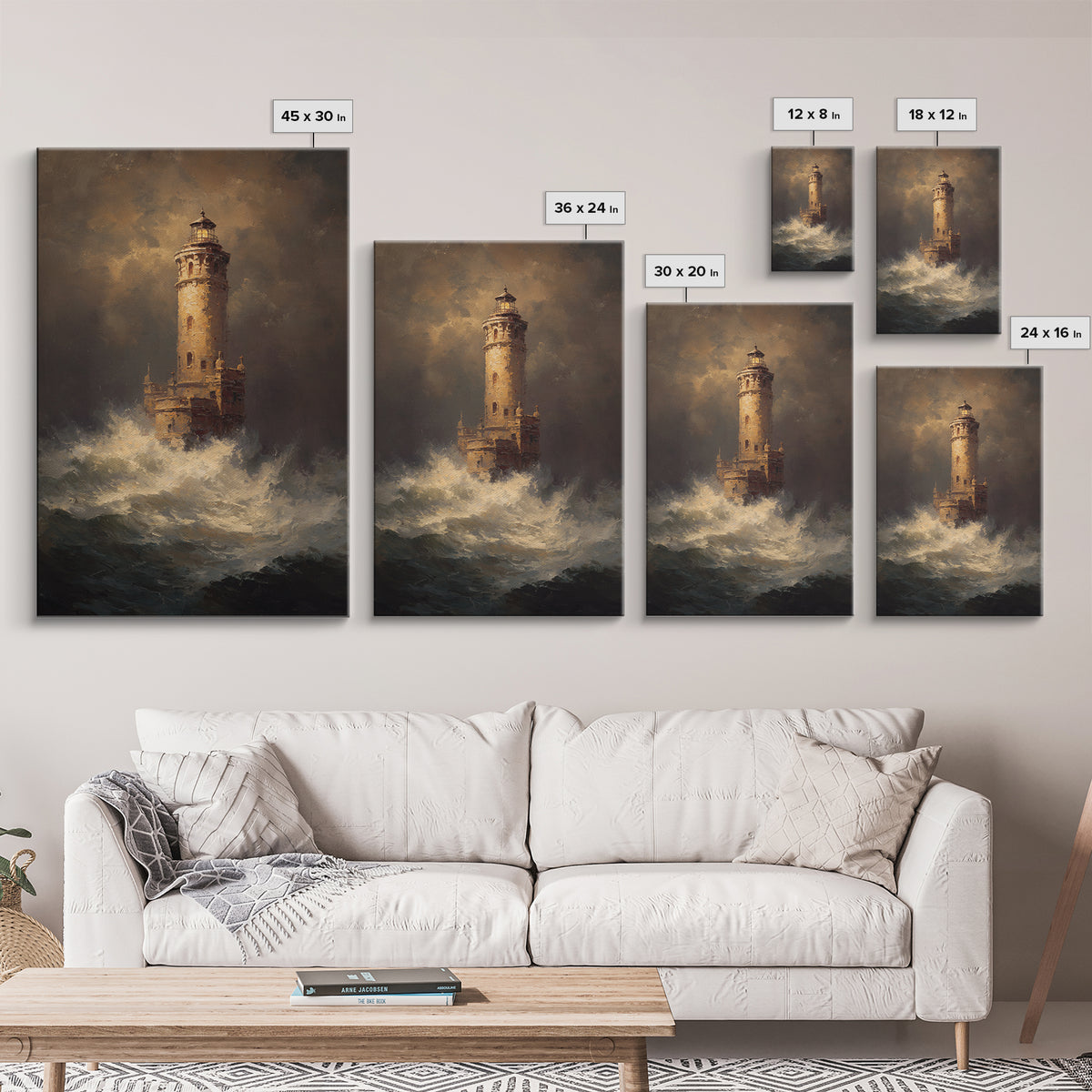 Lighthouse with Crashing Waves Framed Canvas Print, Traditional Art, Digital Print, Living Room Decor, Oil Painting, Classic, TRA-2x3-53