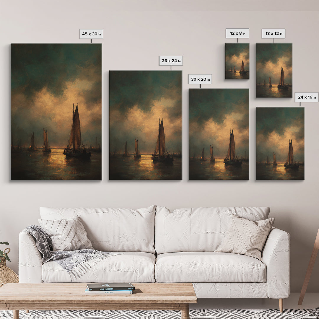 Seascape with Sailboats and Cloudy Sky Canvas Print, Traditional Art, Living Room Decor, Fine Art, Classic, Dark Art, TRA-2x3-61