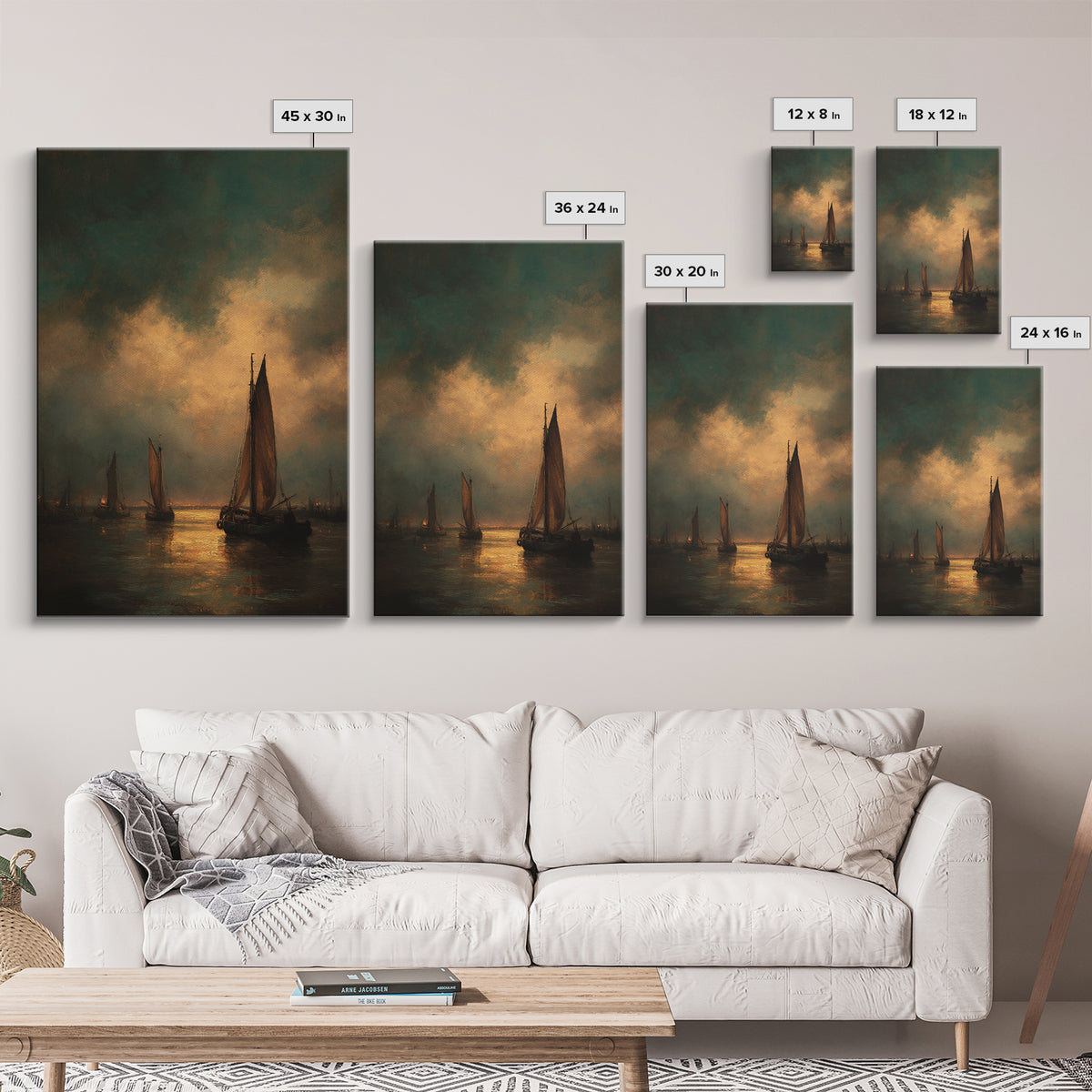 Seascape with Sailboats and Cloudy Sky Canvas Print, Traditional Art, Living Room Decor, Fine Art, Classic, Dark Art, TRA-2x3-61