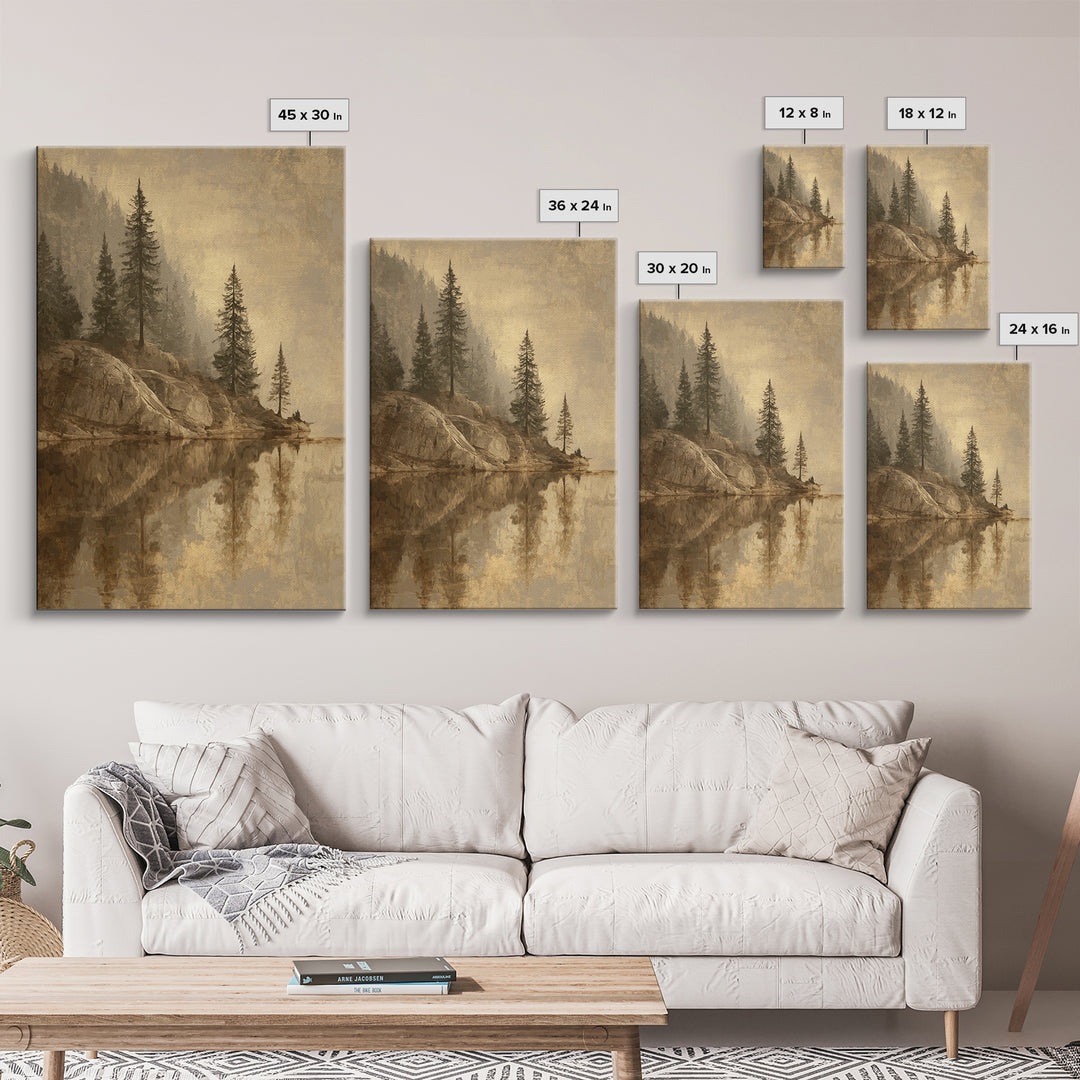 Mountain Lake with Pine Forest Reflection Canvas Print, Traditional Art, Art Commissions, Living Room Decor, Oil Painting, TRA-2x3-65