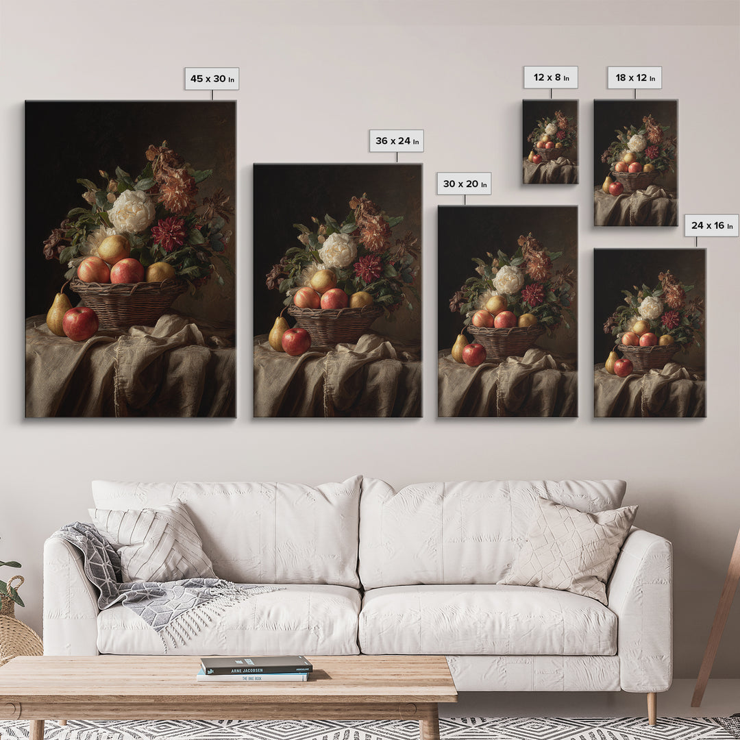 Basket of Apples and Pears on Linen Framed Canvas Print, Traditional Art, Canvas, Living Room Decor, Abstract Art, Classic, TRA-2x3-74