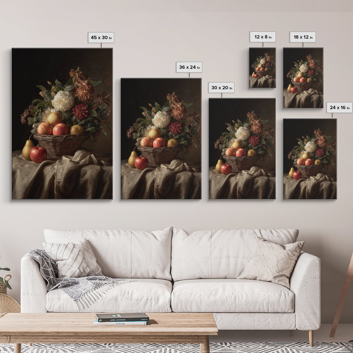 Basket of Apples and Pears on Linen Framed Canvas Print, Traditional Art, Canvas, Living Room Decor, Abstract Art, Classic, TRA-2x3-74