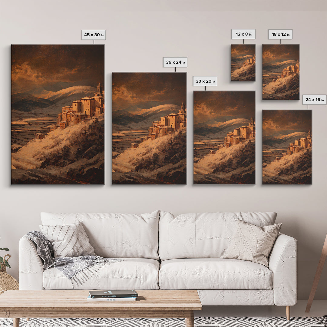Snowy Village Landscape at Twilight Framed Canvas Print, Traditional Art, Japanese Art, Living Room Decor, Fine Art, Classic, TRA-2x3-75