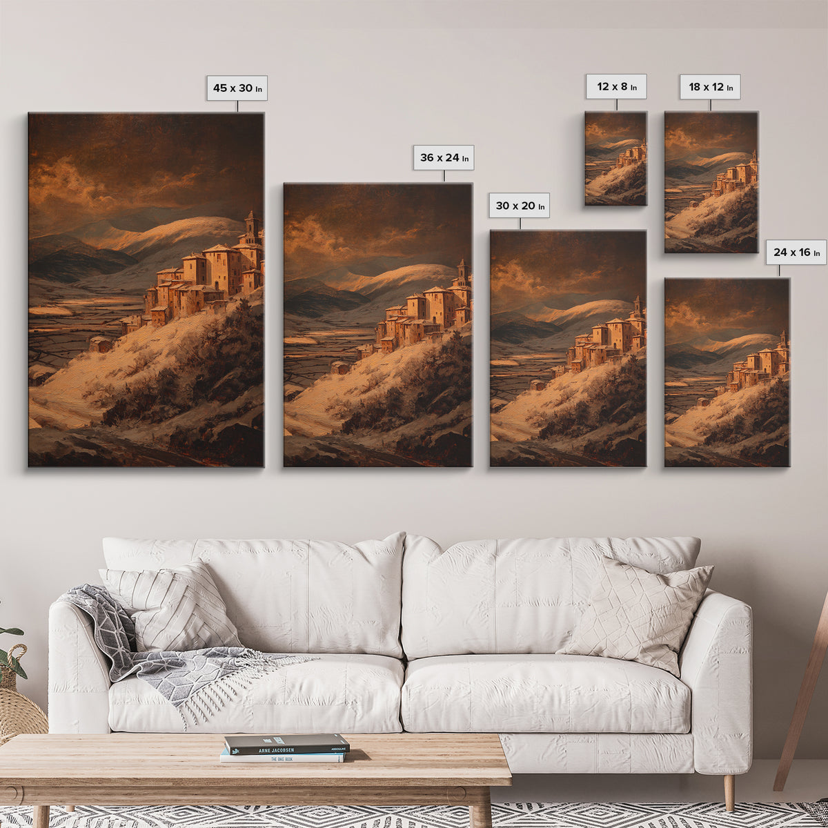Snowy Village Landscape at Twilight Framed Canvas Print, Traditional Art, Japanese Art, Living Room Decor, Fine Art, Classic, TRA-2x3-75