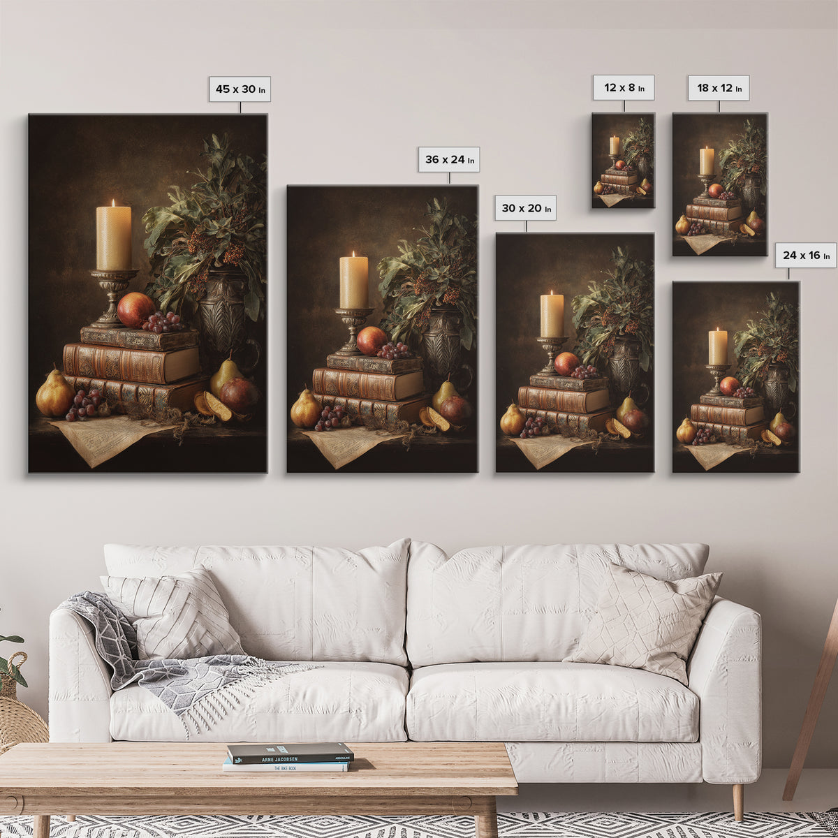 Still Life of Books Candle and Fruit Framed Canvas Print, Traditional Art, Indian Decor, Living Room Decor, Fine Art, Classic, TRA-2x3-76